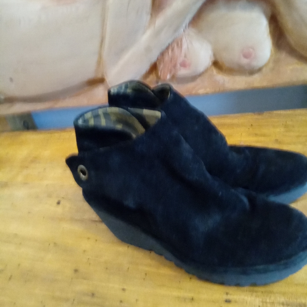 Fly London Yebi Black Suede Leather Back Tie 2.25" Wedge Ankle Boots EUR36 Sz5.5